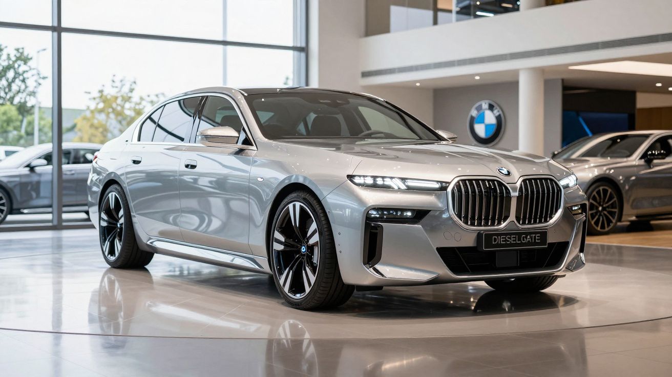 Automóvel BMW cinzento exibido em salão com jantes desportivas e faróis LED ligados.