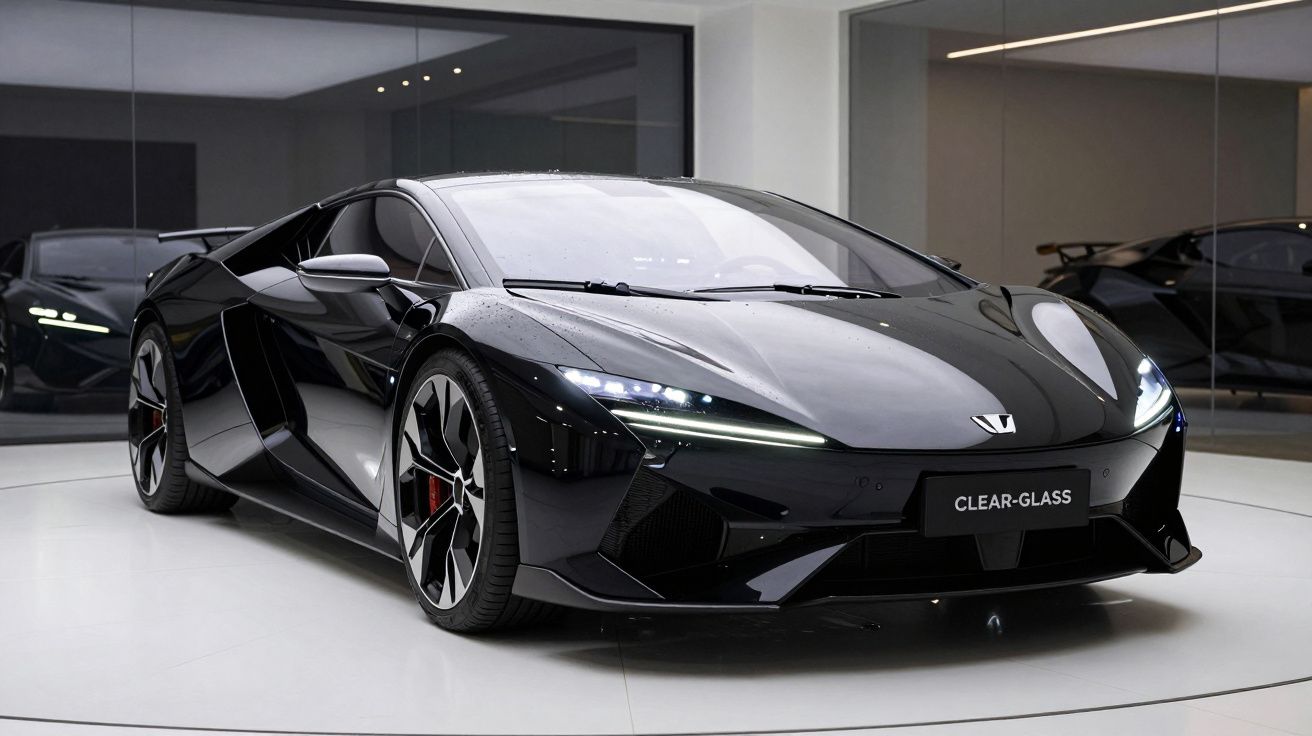 Carro desportivo preto com design futurista estacionado em interior minimalista com paredes de vidro.