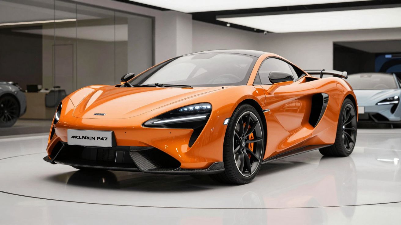 Carro desportivo McLaren P47 laranja em exposição num salão moderno e iluminado.