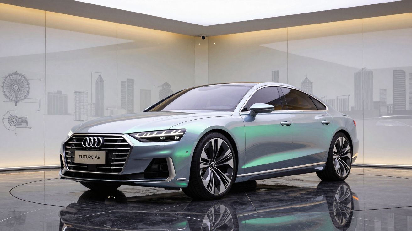Carro desportivo Audi Future A8 prateado num showroom moderno com chão brilhante e fundo iluminado.
