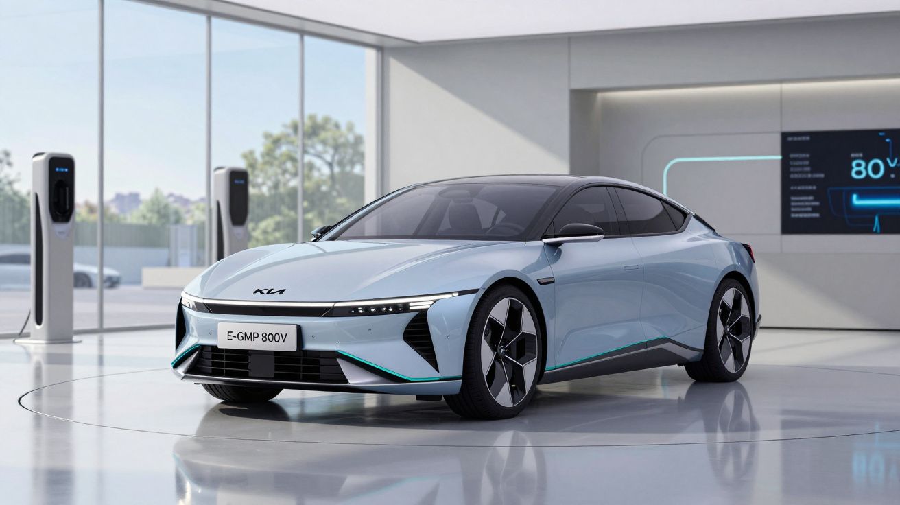 Carro elétrico cinzento claro Kia E-GMP 800V estacionado numa área moderna com postos de carregamento.