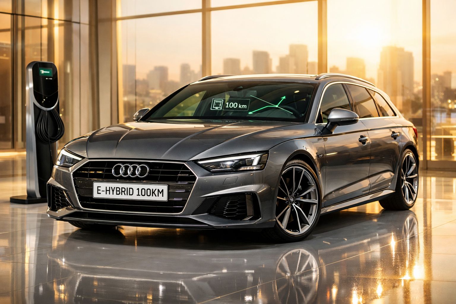 Carro híbrido Audi cinza a carregar numa estação de carregamento com cidade ao fundo ao pôr do sol.