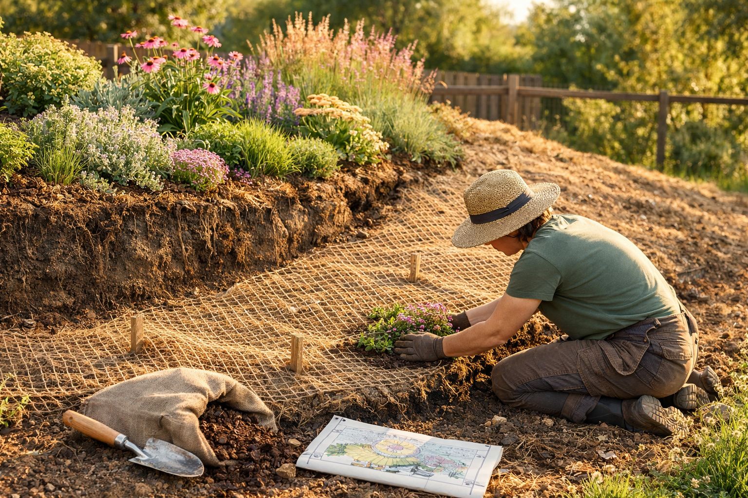 Pessoa a plantar flores num jardim com rede de proteção ao solo numa tarde ensolarada.