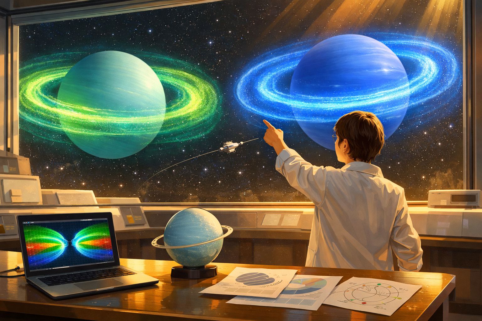 Cientista num laboratório observando planetas com anéis brilhantes através de uma janela espacial.