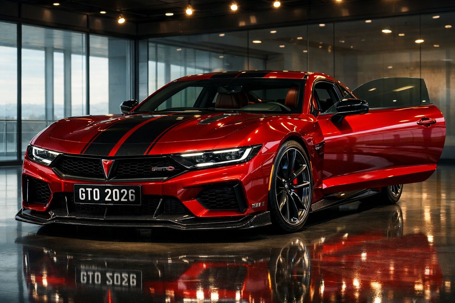 Carro desportivo vermelho com riscas pretas, porta aberta, estacionado em pavimento reflector dentro de edifício moderno.