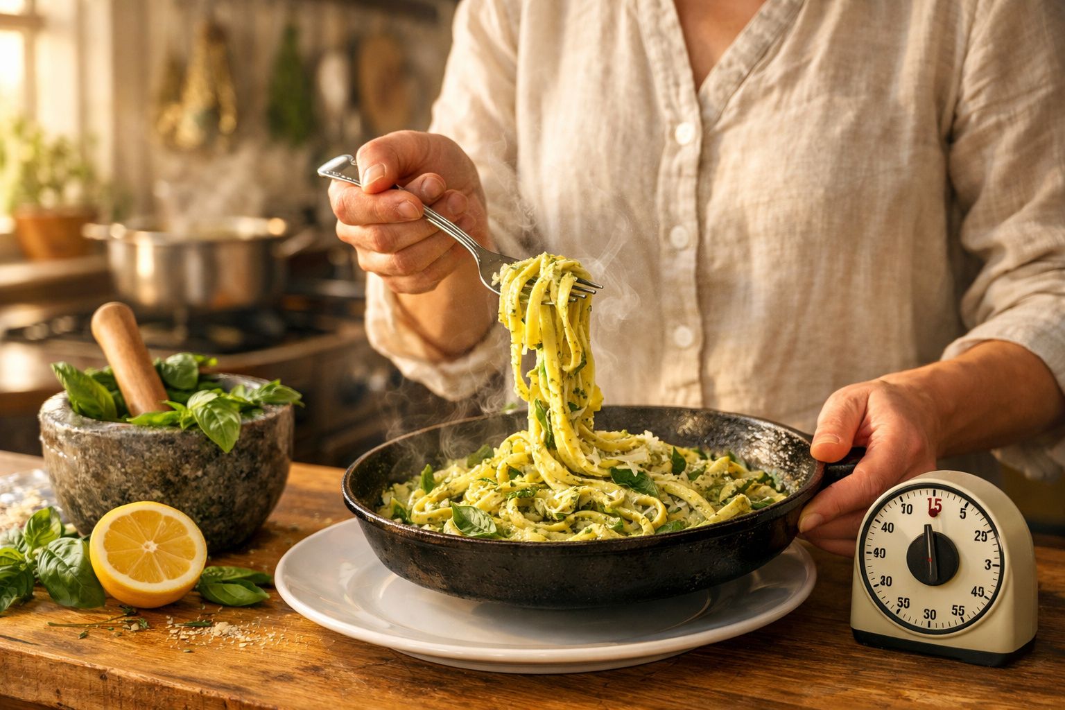 Pessoa a enrolar massa com molho verde numa frigideira, com limão e pilão de manjericão na bancada.