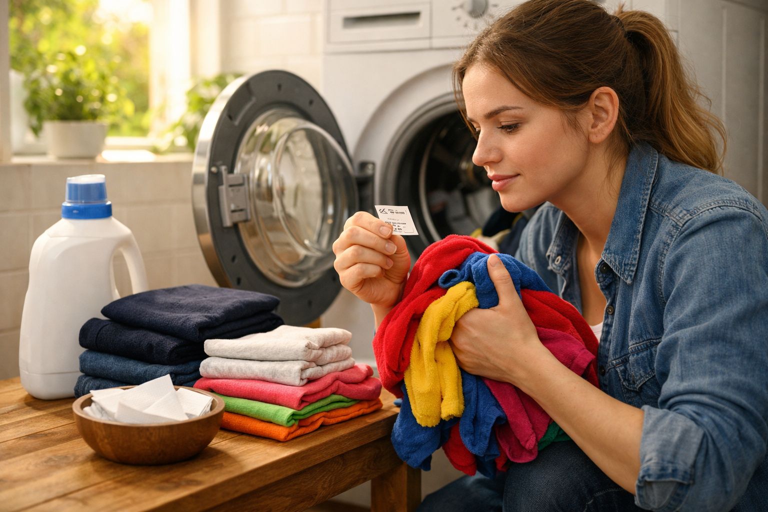 Mulher a ler etiqueta de roupas enquanto segura peças coloridas junto à máquina de lavar roupa aberta.
