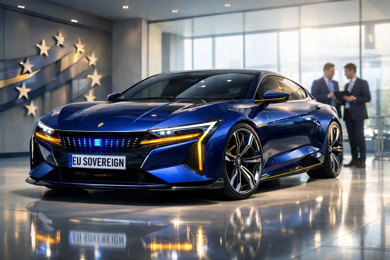 Carro desportivo elétrico azul metálico com luzes LED e duas pessoas em fundo de salão moderno.