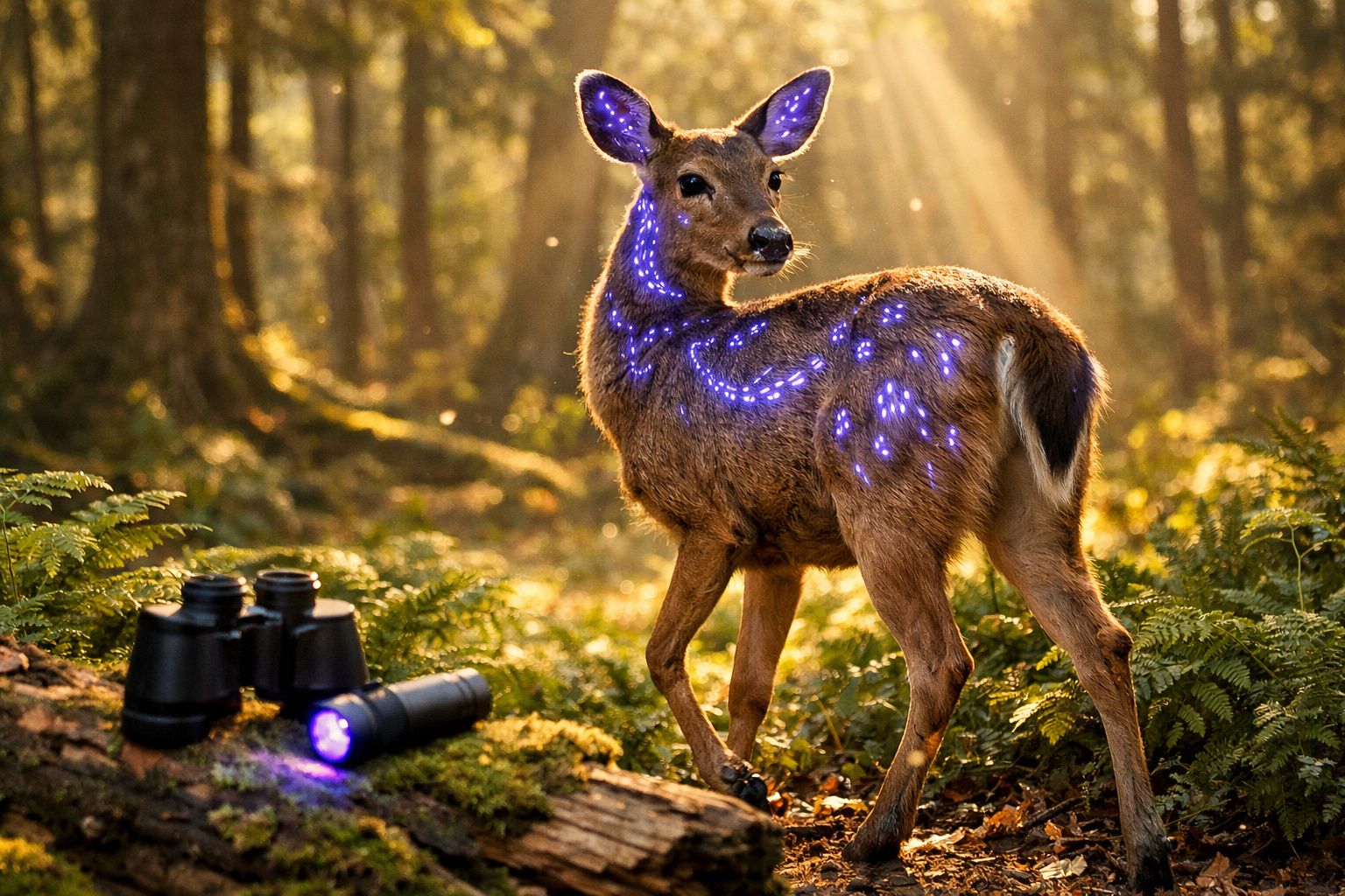 Veado em floresta iluminado por pontos azuis fluorescentes com binóculos e lanterna no chão.
