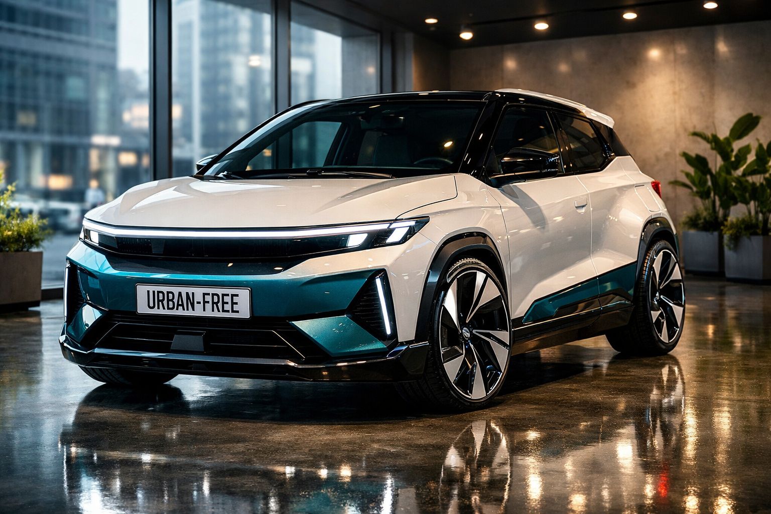 Carro elétrico branco e verde modelo SUV exposto em espaço interior moderno com janelas grandes.