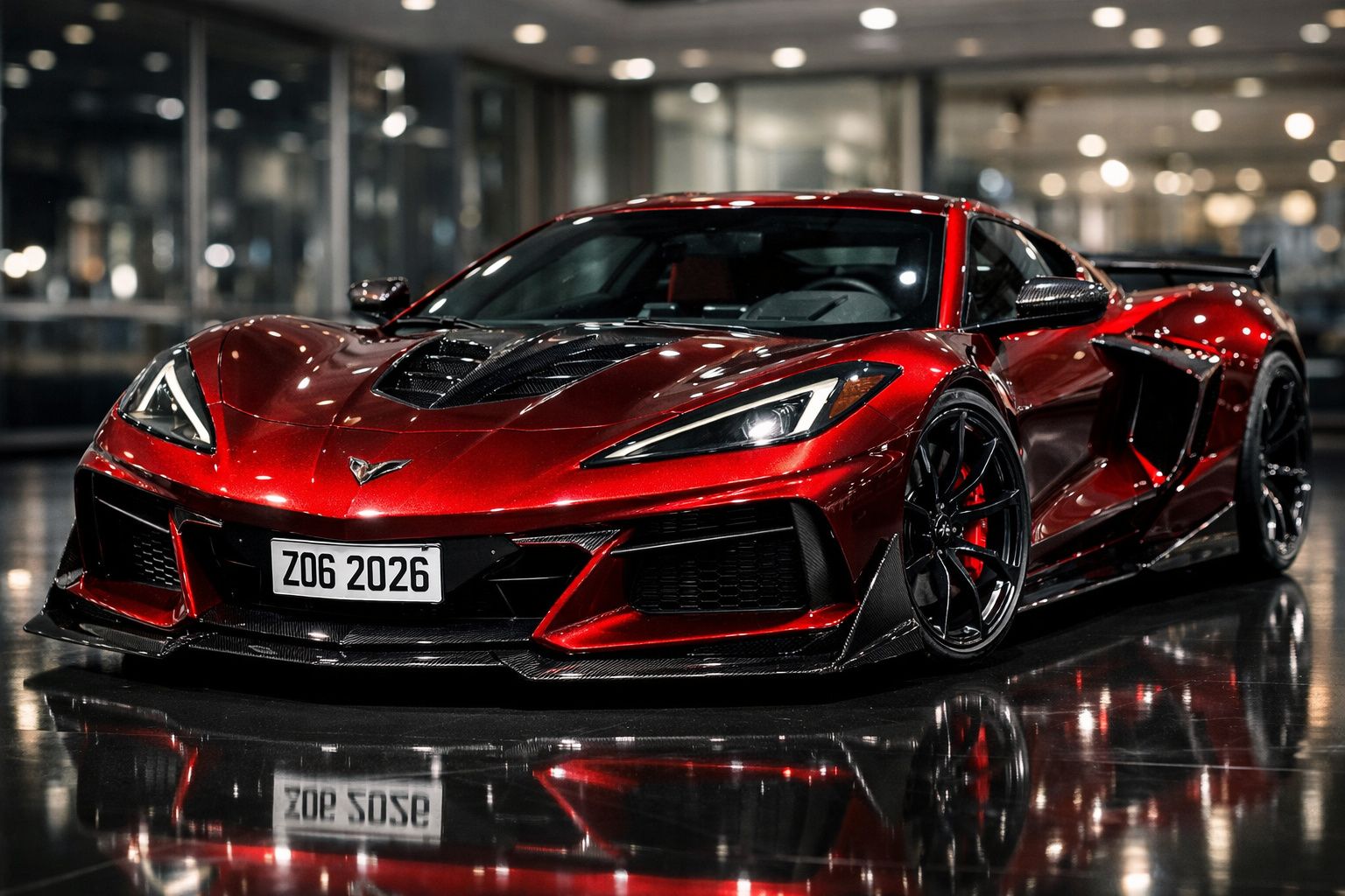 Carro desportivo vermelho metálico com detalhes em preto estacionado em piso refletivo interior.