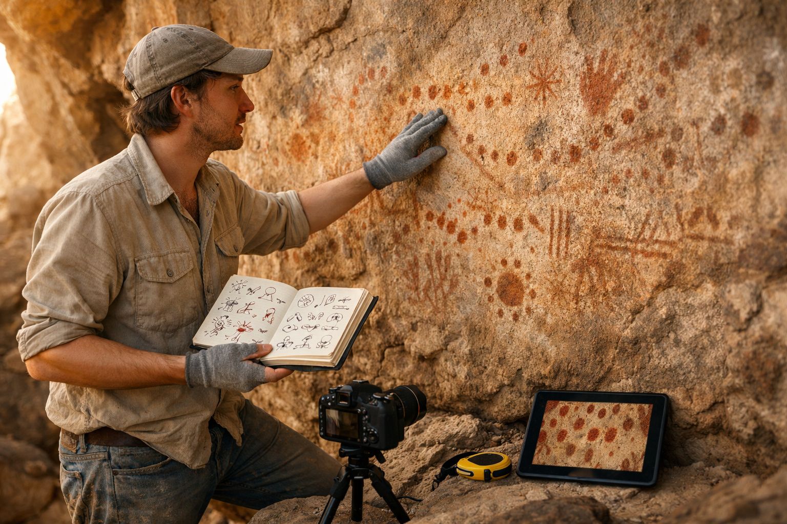 Homem a estudar pinturas rupestres numa parede de pedra, com caderno, câmera e tablet.