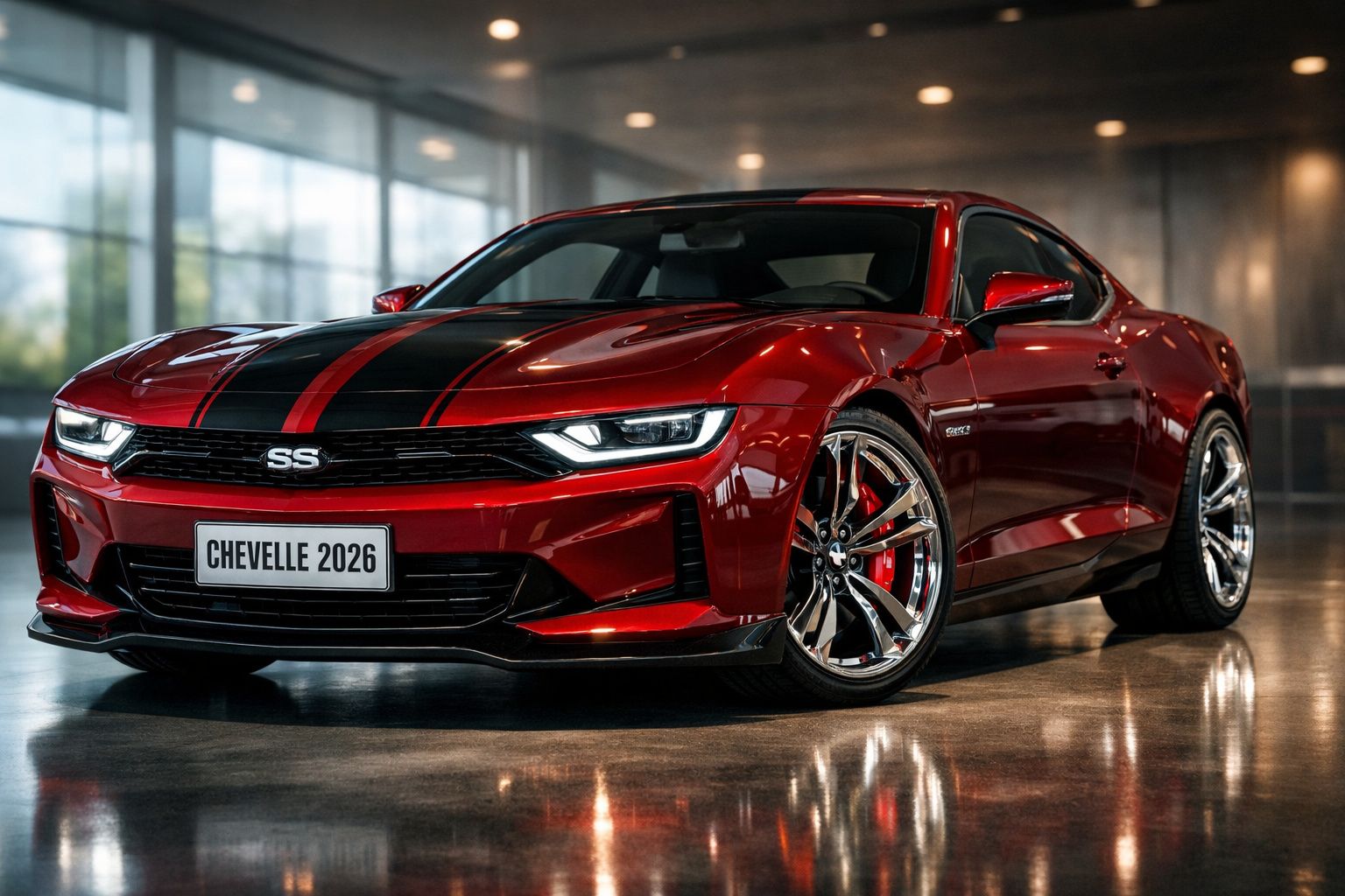 Carro desportivo vermelho brilhante com faixas pretas e matrícula "Chevelle 2026" em espaço interior moderno.