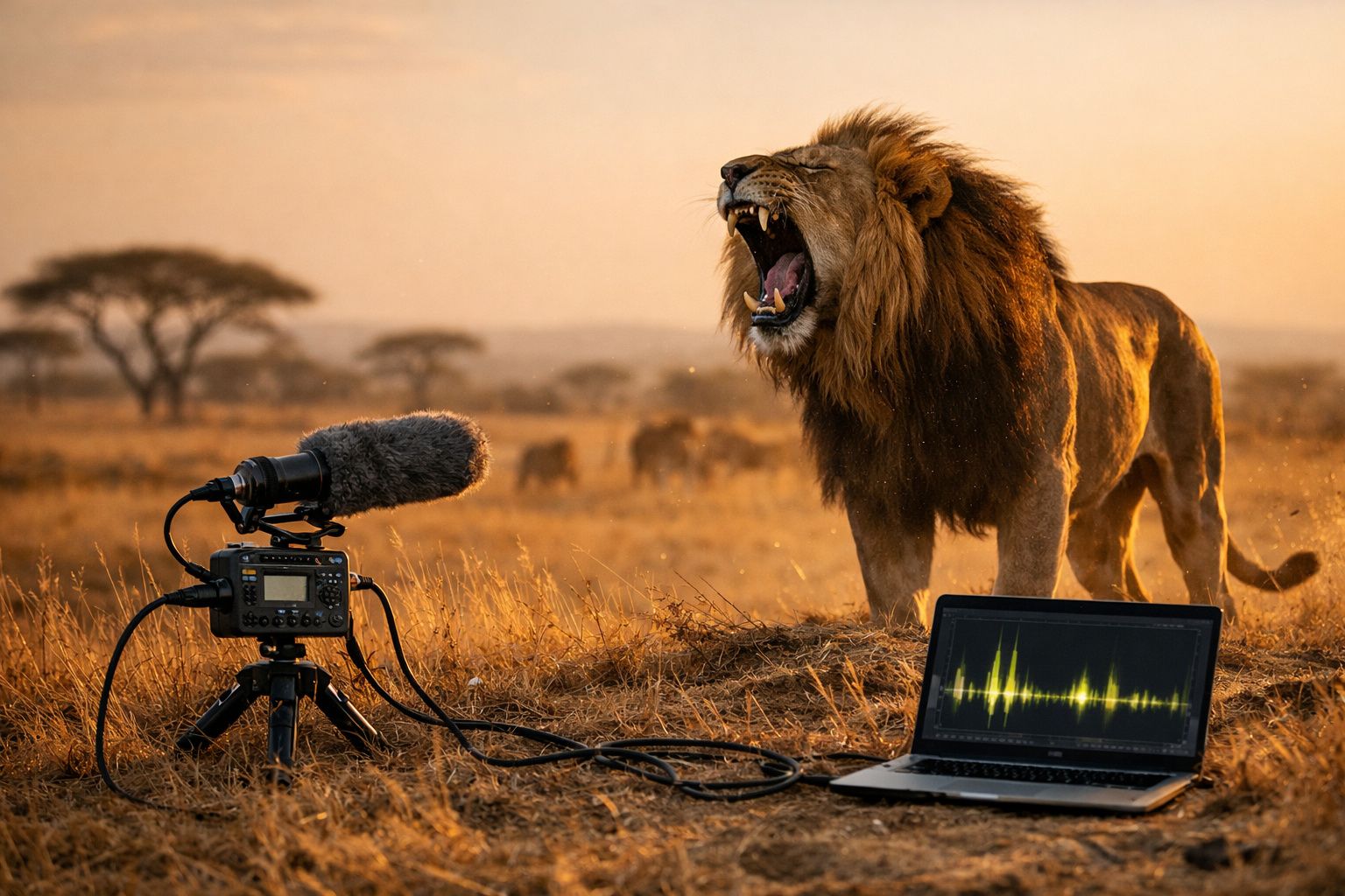 Leão a rugir na savana com microfone e computador a captar o som ao pôr do sol.