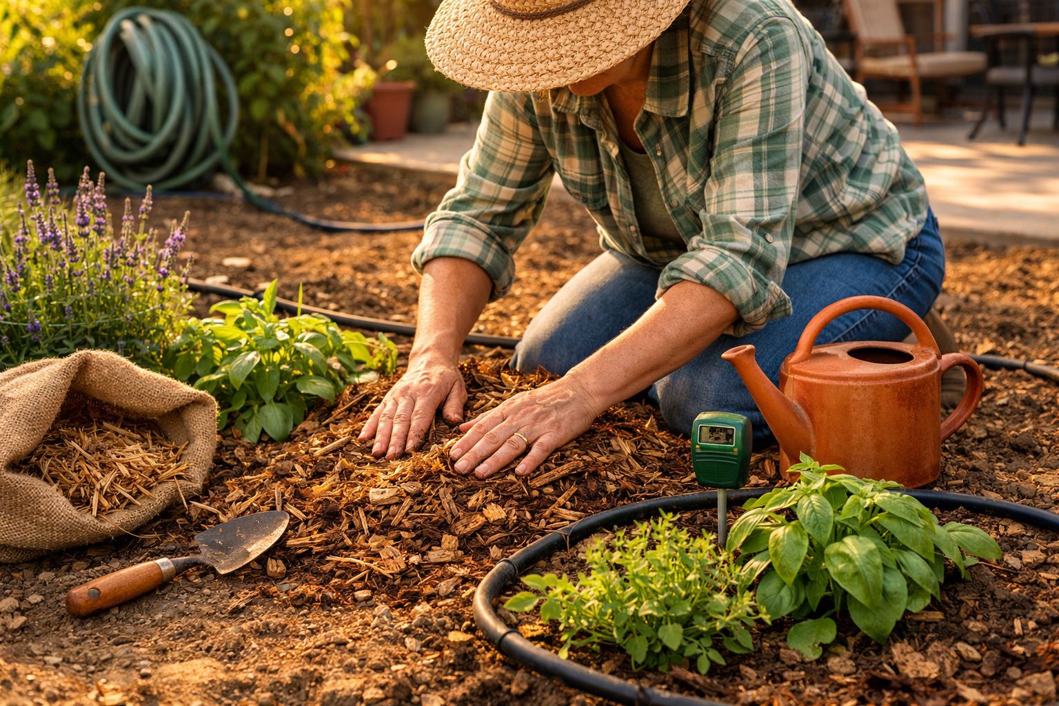 Pessoa a cobrir terra com aparas de madeira num jardim ao ar livre, rodeada de plantas e regador.