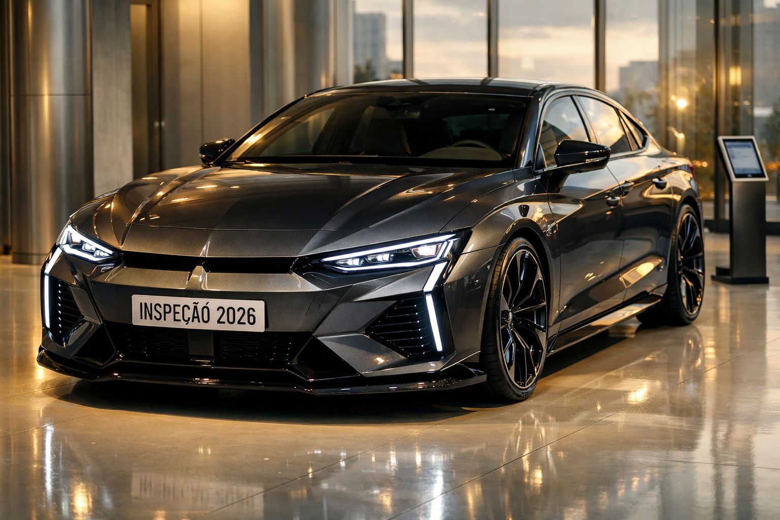 Carro desportivo preto brilhante estacionado em espaço interior com luzes LED ligadas e placa "Inspeção 2026".