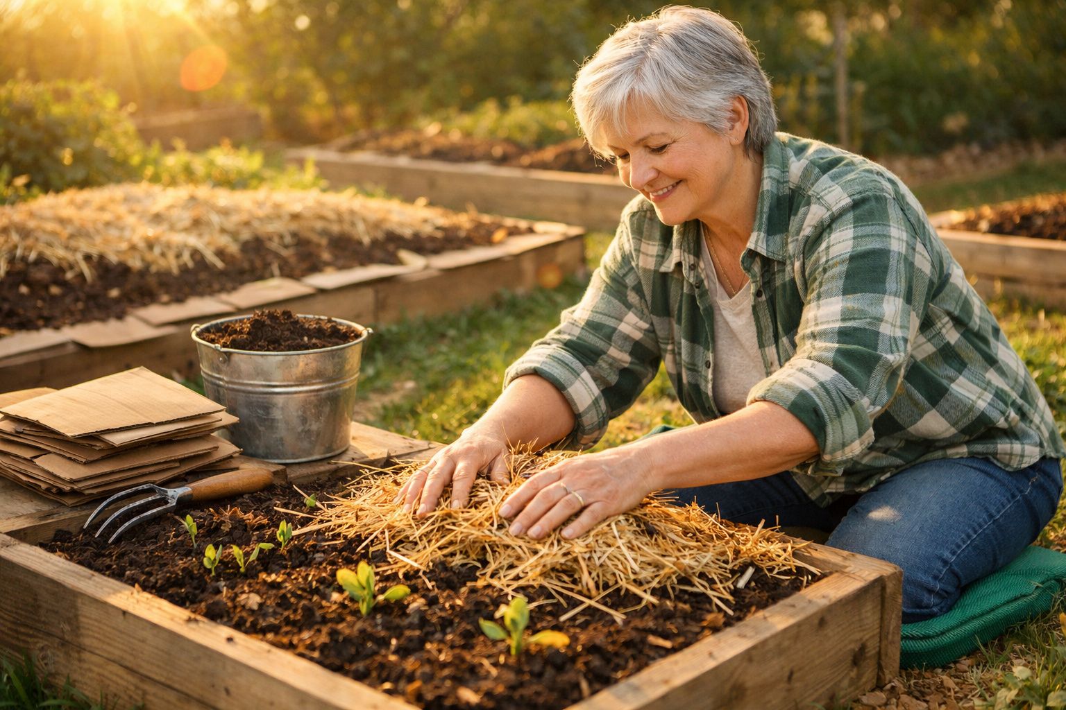 Mulher sorridente a cobrir mudas com palha numa horta em canteiros elevados ao ar livre ao pôr do sol.