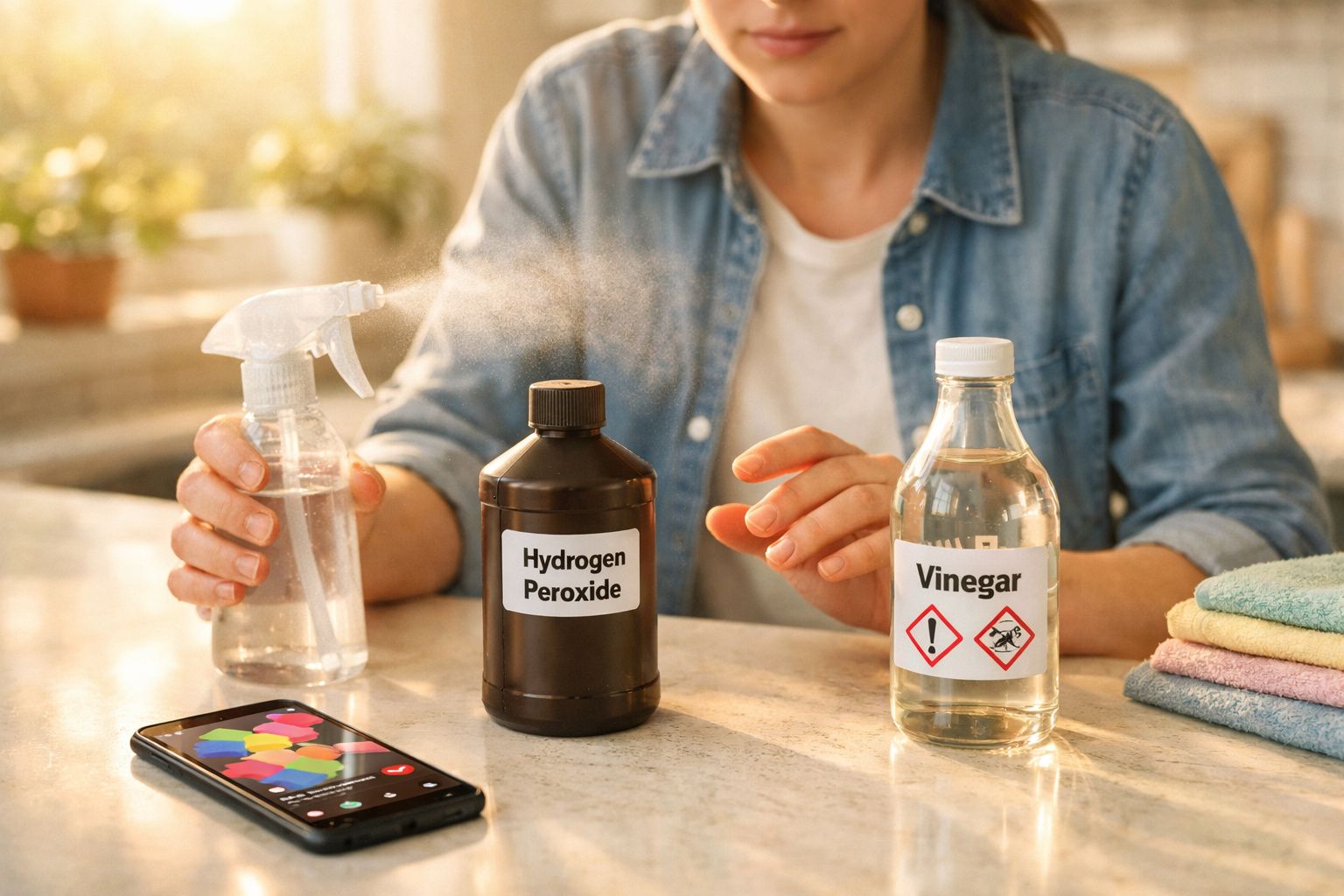 Pessoa a borrifar solução limpa, com frascos de peróxido de hidrogénio e vinagre sobre mesa com smartphone.