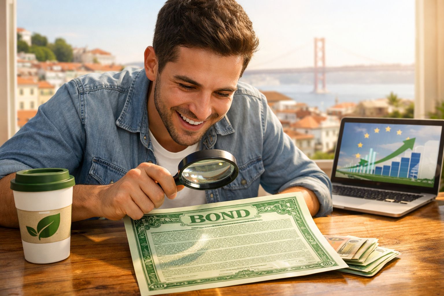 Homem sorridente analisa título financeiro com lupa, computador mostra gráfico de crescimento atrás.