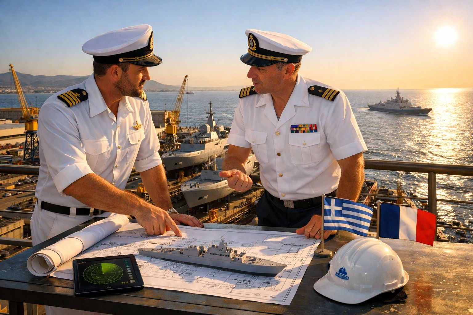 Dois oficiais navais a discutir planos de um navio em estaleiro, com bandeiras da Grécia e França na mesa.