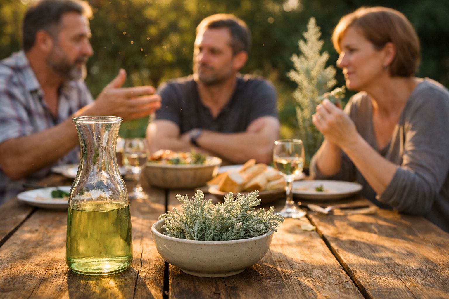 Três pessoas conversam e jantam ao ar livre com jarra de bebida e plantas sobre a mesa de madeira.