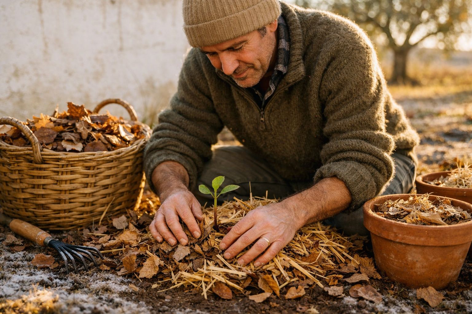 Homem a proteger uma planta jovem com palha num jardim de outono, rodeado por folhas secas e vasos.