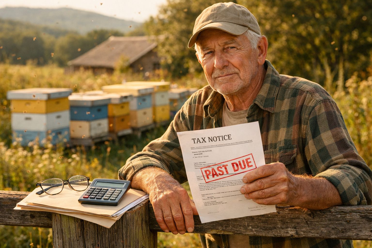 Homem idoso em ambiente rural mostra aviso de imposto com selo de pagamento em atraso.