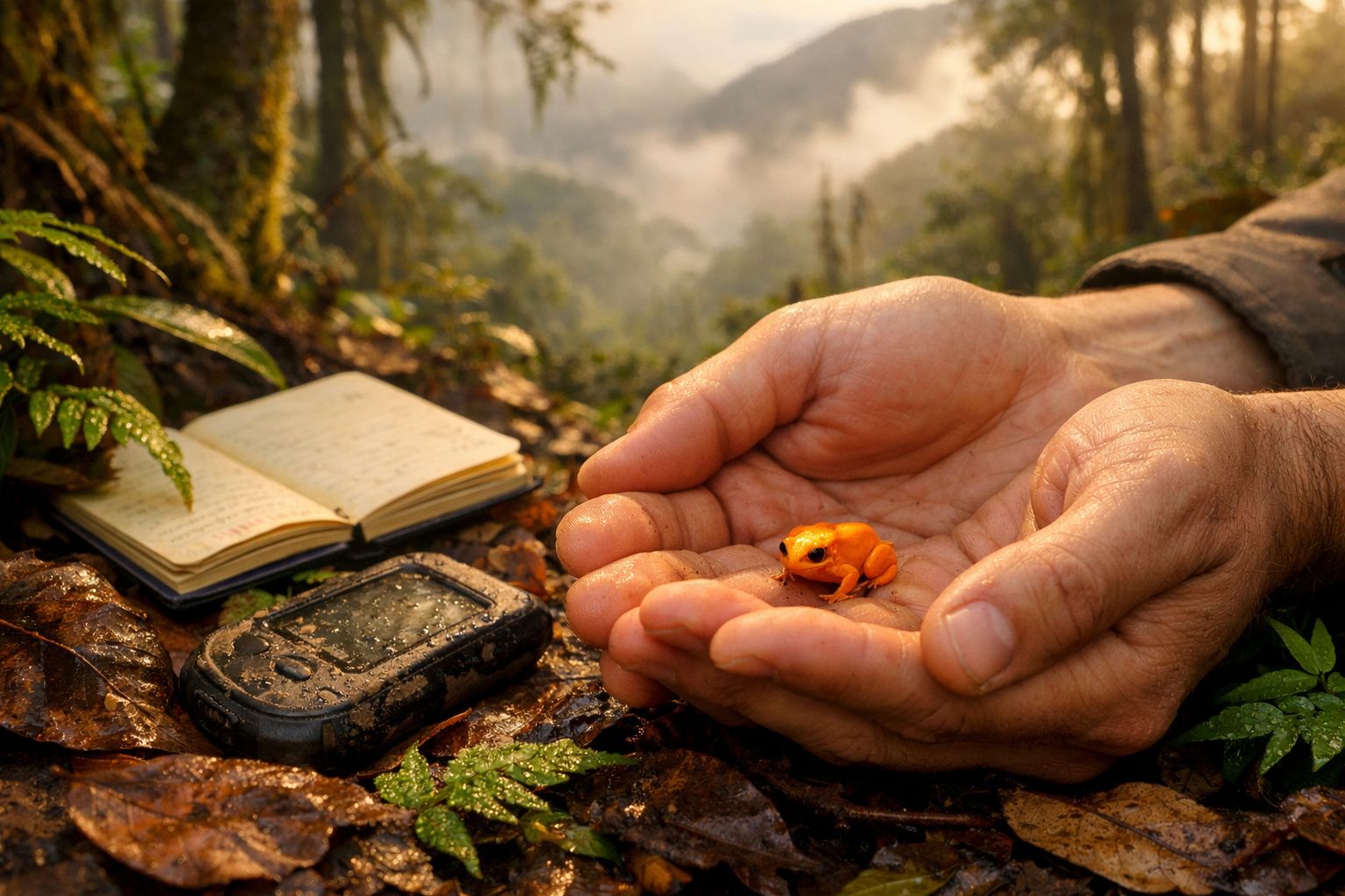 Mãos seguram um pequeno sapo laranja numa floresta, com caderno e GPS no chão entre folhas húmidas.