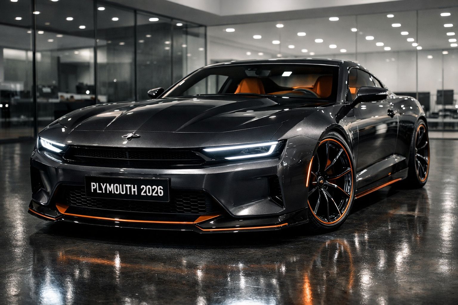 Carro desportivo preto e laranja, modelo Plymouth 2026, estacionado num showroom iluminado.