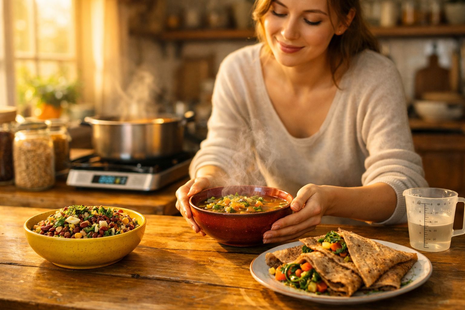 Mulher sorridente segura taça de sopa quente numa cozinha rústica com alimentos saudáveis na mesa.