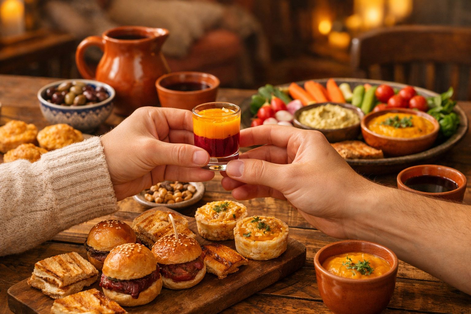 Duas pessoas brindando com um copo de shot, rodeadas por mini hambúrgueres, petiscos e vegetais.