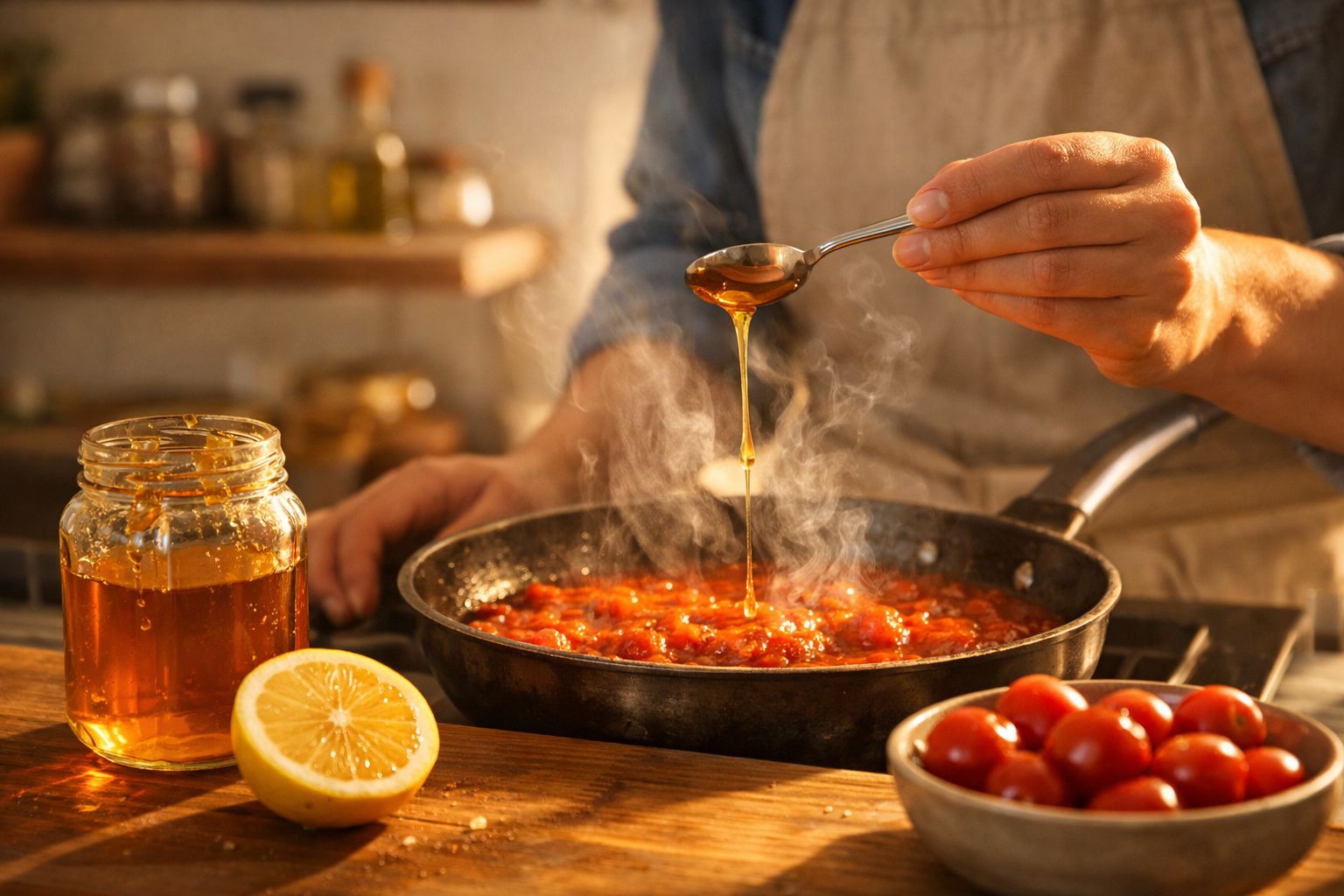 Pessoa a adicionar mel numa frigideira com molho de tomate quente, ao lado de limão, tomate cereja e frasco de mel.