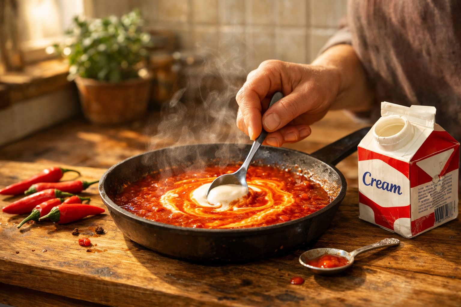 Pessoa a misturar molho de tomate quente com natas numa frigideira, com malaguetas vermelhas ao lado.