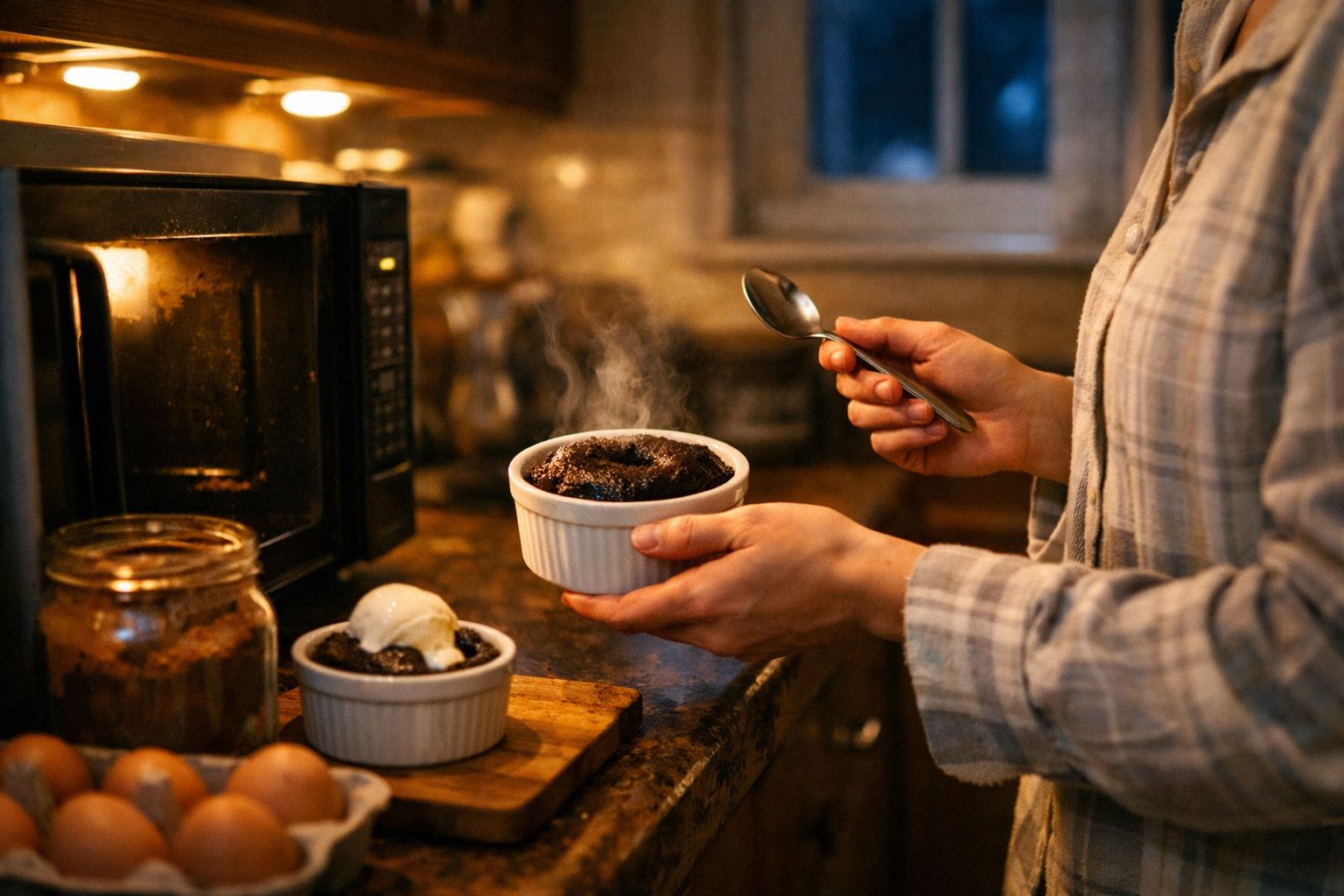 Pessoa segurando uma tigela com sobremesa quente, ao lado de uma outra com gelado na bancada da cozinha.
