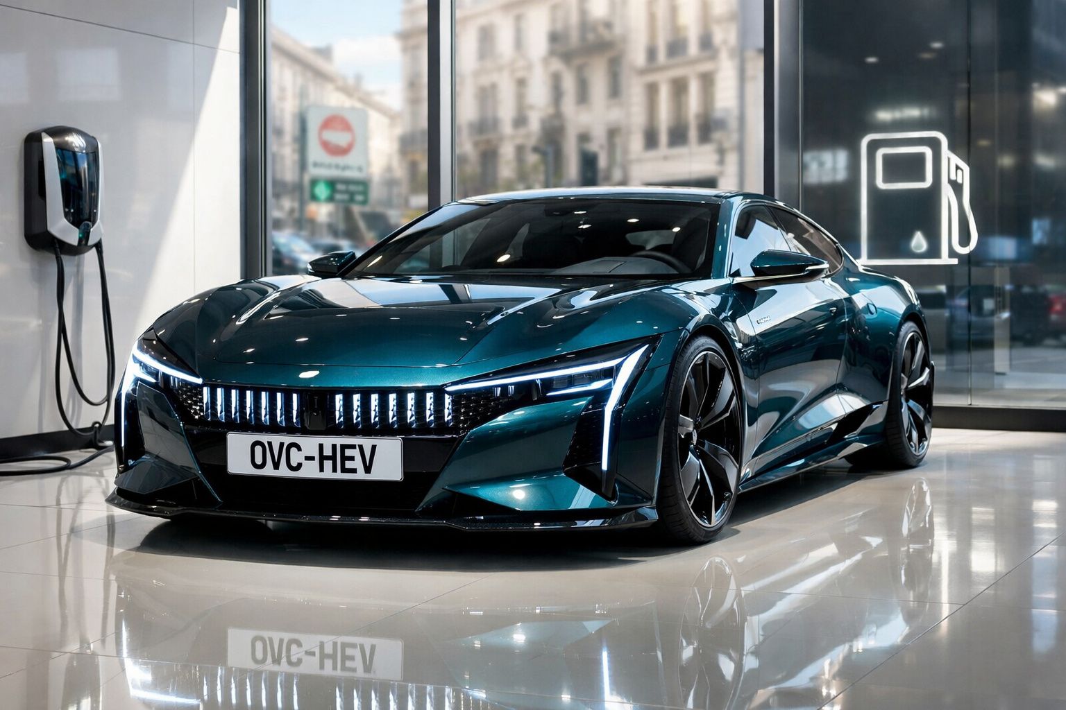 Carro elétrico azul metálico, de perfil esportivo, estacionado em interior com carregador elétrico na parede.