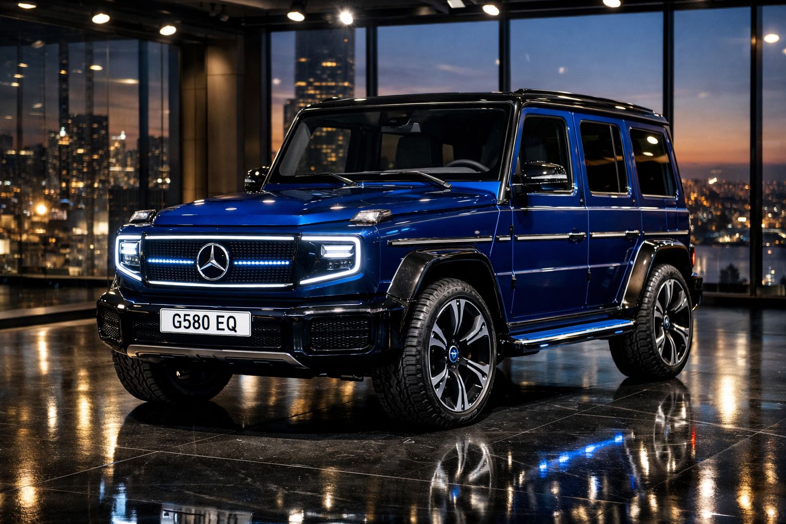 Carro elétrico Mercedes-Benz G580 EQ azul com faróis ligados em ambiente urbano noturno.