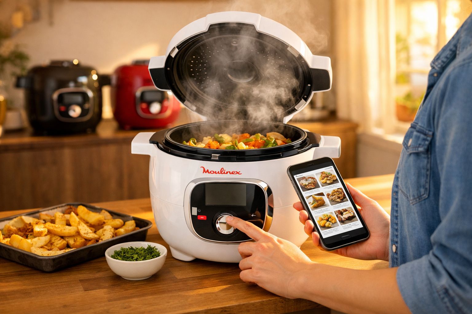 Pessoa a programar uma panela elétrica Moulinex enquanto consulta receitas num telemóvel numa cozinha.