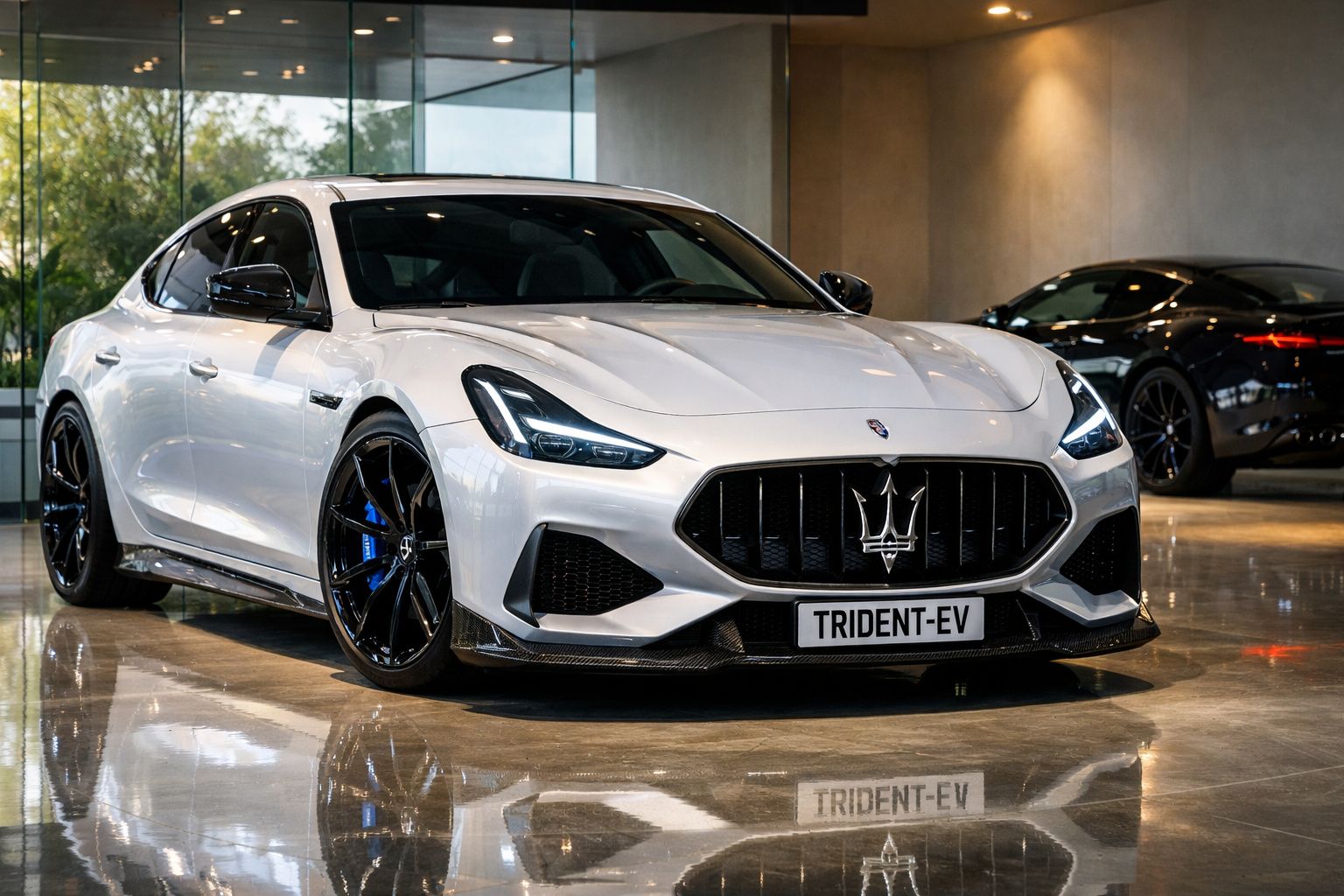 Carro elétrico de luxo branco Maserati Trident-EV num showroom moderno com piso espelhado.