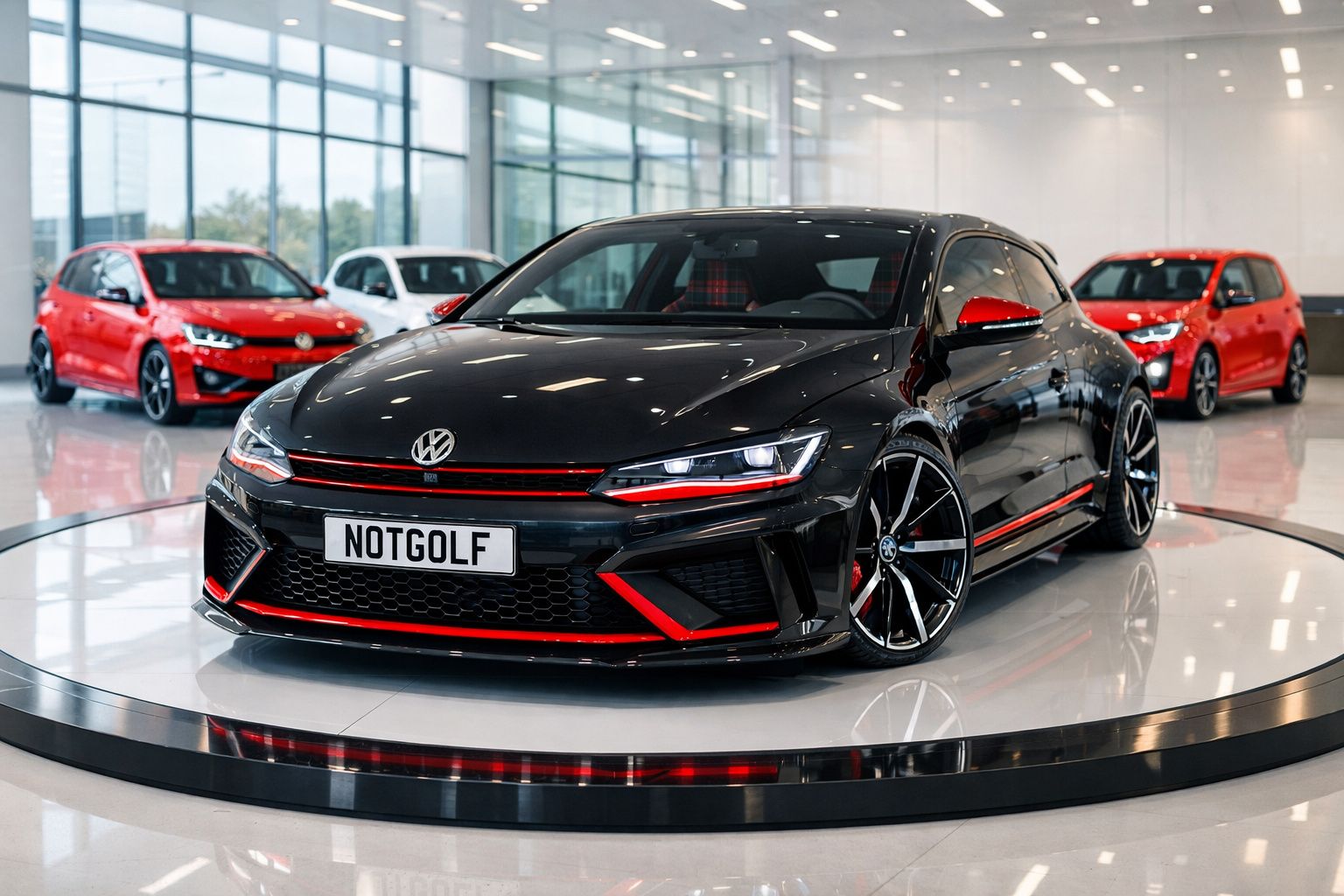 Carro desportivo Volkswagen preto com detalhes vermelhos, apresentado numa plataforma giratória numa loja.