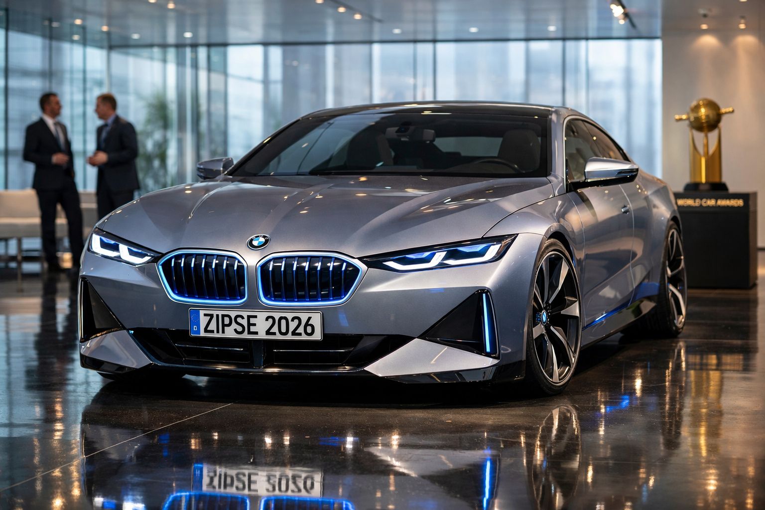 Carro desportivo BMW cinza estacionado em interior moderno com duas pessoas ao fundo.