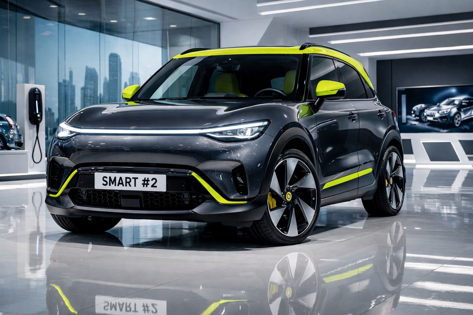 Carro elétrico Smart #2 cinza com detalhes amarelos em exposição numa loja moderna e iluminada.