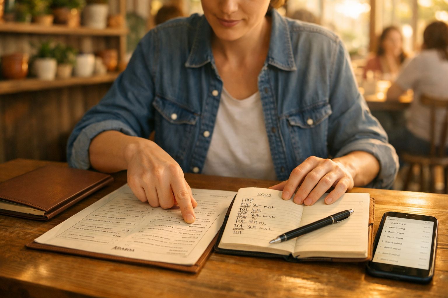 Pessoa a apontar um menu enquanto escreve notas num caderno, com telemóvel ao lado numa mesa de madeira.