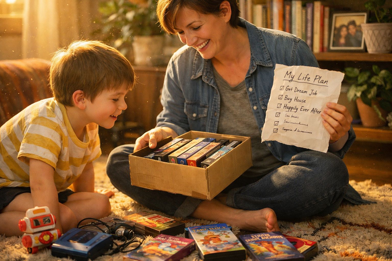 Mulher e criança sentados no chão a sorrir, ela segura papel com lista e caixa de cassetes VHS entre eles.