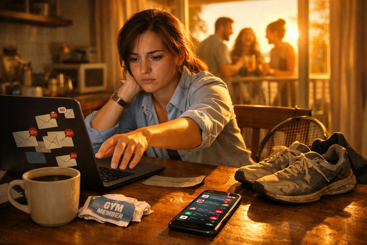 Mulher preocupada a trabalhar no computador com várias mensagens por abrir, ténis e telemóvel na mesa.