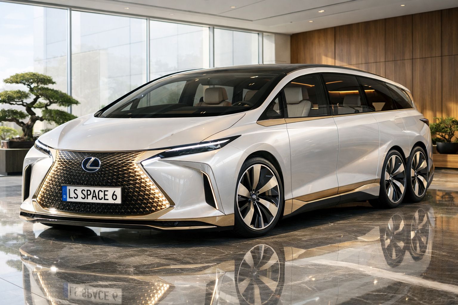 Carro elétrico conceito Lexus LS Space 6 branco com seis rodas exposto em showroom moderno.