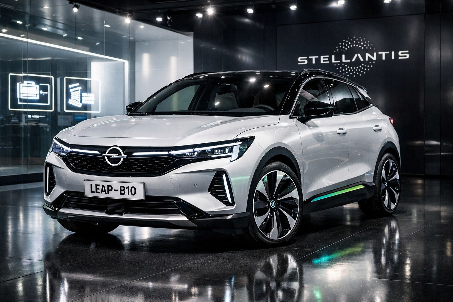Automóvel Opel LEAP-B10 branco exibido em ambiente moderno com logo da Stellantis ao fundo.