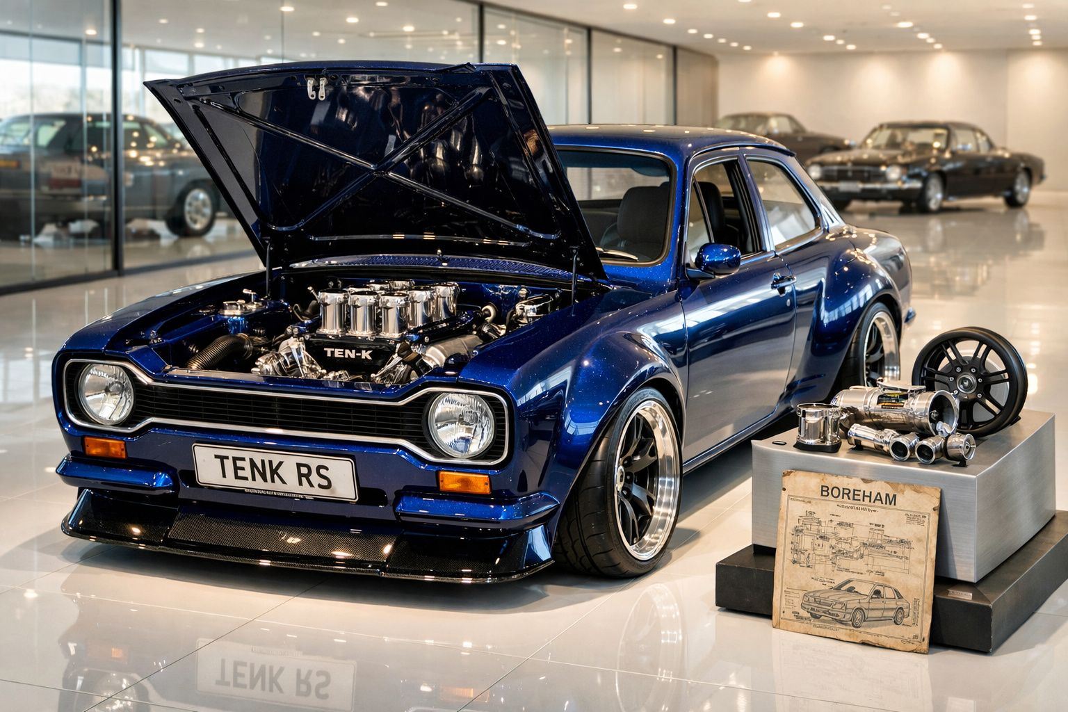 Carro desportivo clássico azul com capot aberto e motor exposto, exibido em museu com peças ao lado.