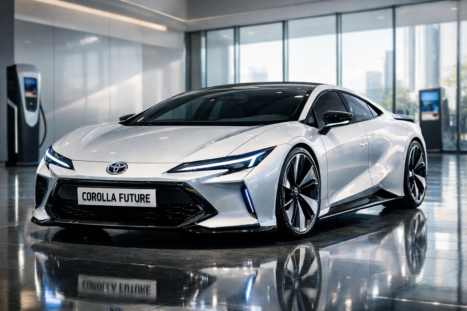 Carro desportivo elétrico branco Toyota Corolla Future num salão moderno e bem iluminado.