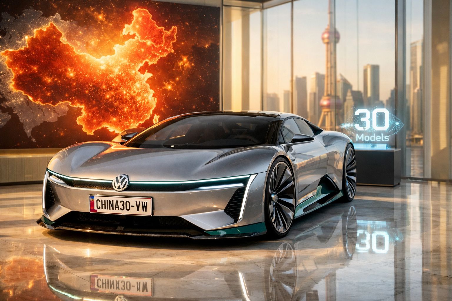 Carro desportivo elétrico prateado Volkswagen em showroom moderno com mapa luminoso da China ao fundo.
