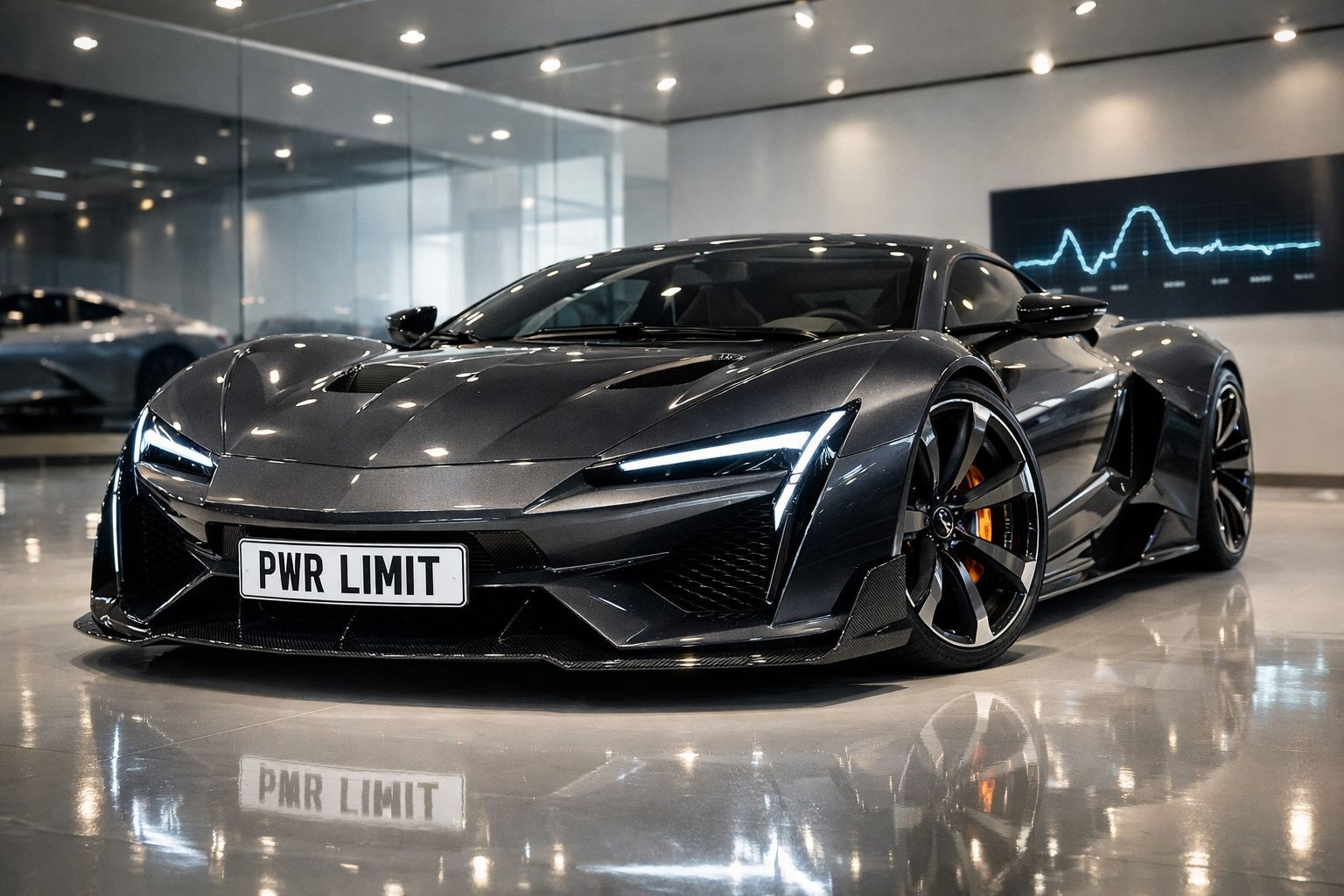 Carro desportivo cinzento escuro com faróis LED brilhantes numa garagem moderna e vidro reflexivo.